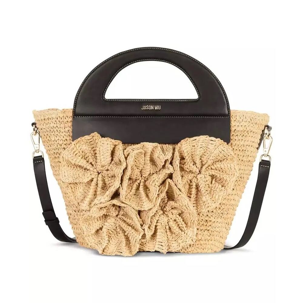 Jason Wu Raffia Floral Tote Bag Black Leather Top Handle Crossbody Purse - Picture 6 of 11